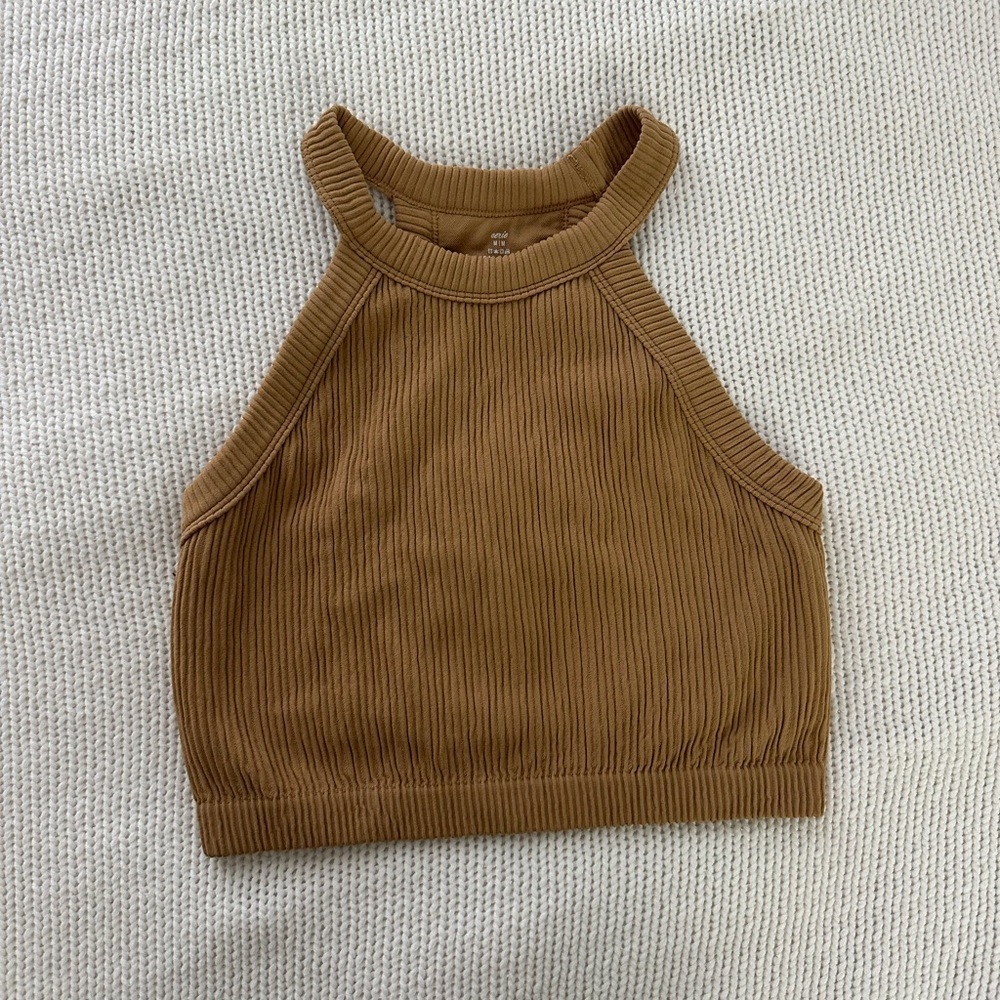 Aerie Superchill Seamless High Neck Ribbed Halter Bra Top in Beach Dune Size M - Picture 5 of 8